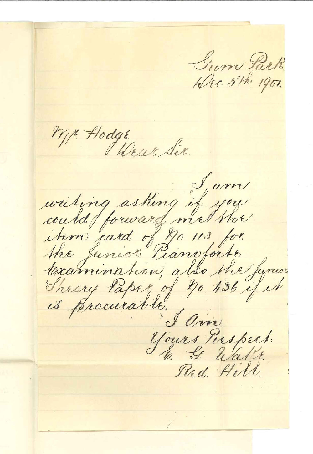 Miss E G Wake - Gum Park Red Hill - Requesting Certificate for Junior Practice of Music and Theory Paper