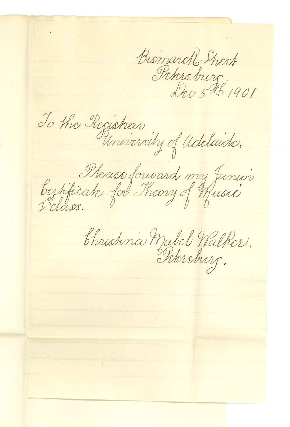 Miss Christina Mabel Walker - Petersburg - Requesting Certificate for Junior Theory