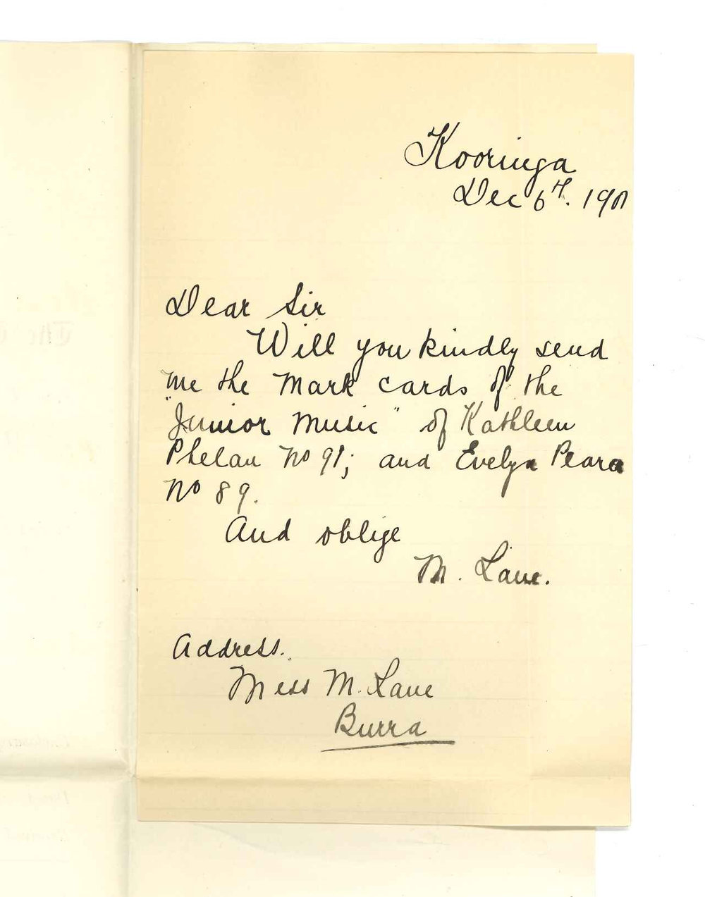 Miss Muriel Lane - Kooringa - Requesting Marks for Junior Music Examination of Kathleen Phelan and Evelyn Pearce