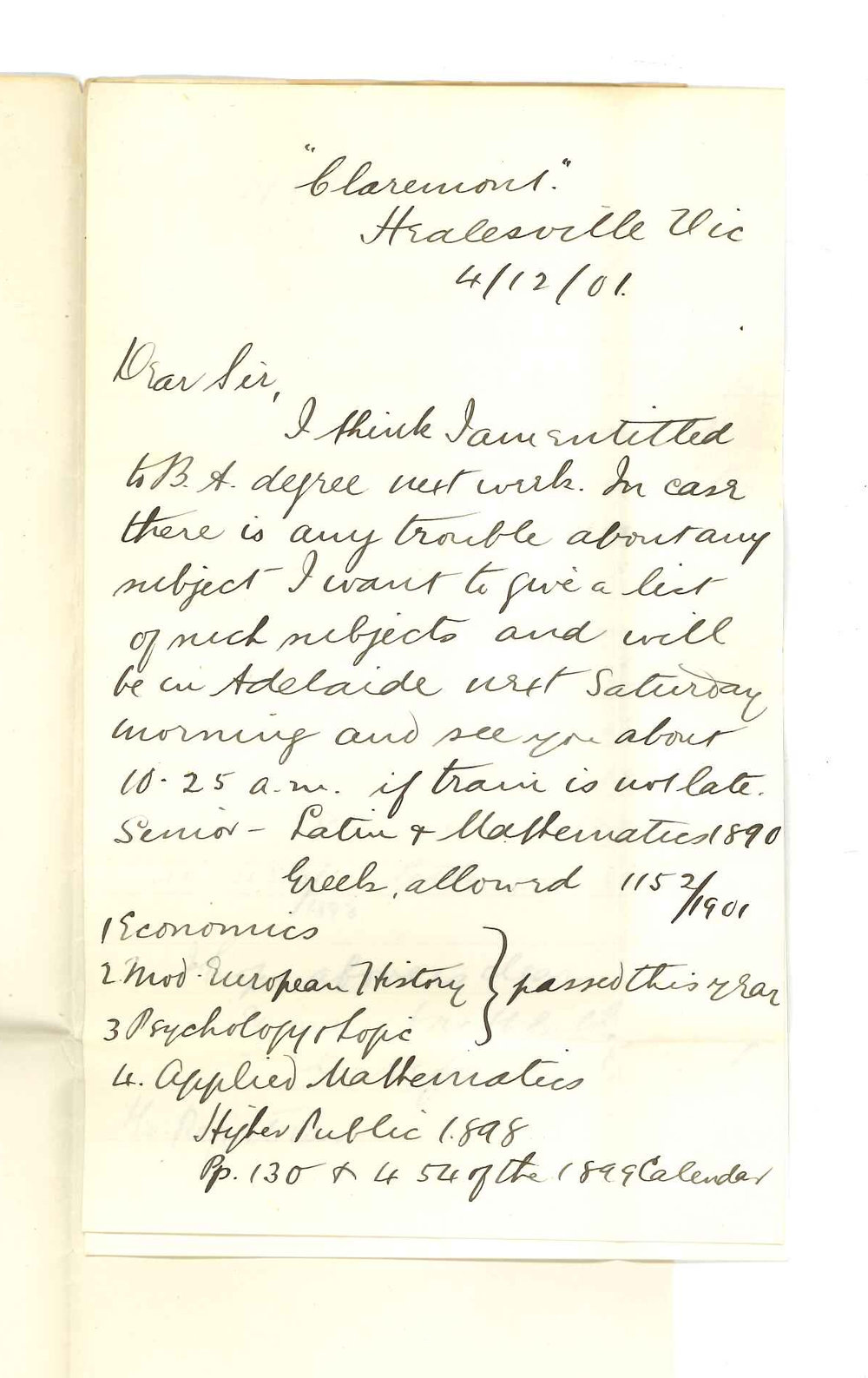 G Alfred Hancock - Victoria - Giving notice of intention to take BA Degree and list of subjects