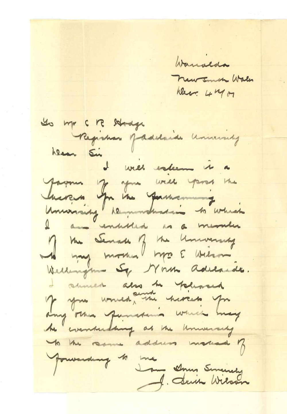 J B Wilson - New South Wales - Asking that tickets for next commemoration be sent to Mrs Wilson North Adelaide