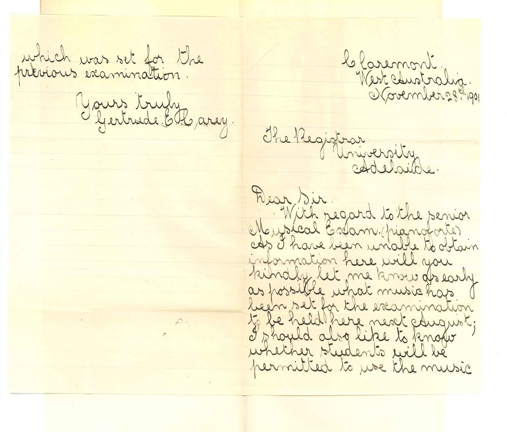 Miss Gertrude E Carey - Claremont WA - Concerning Music for Examination held there in August