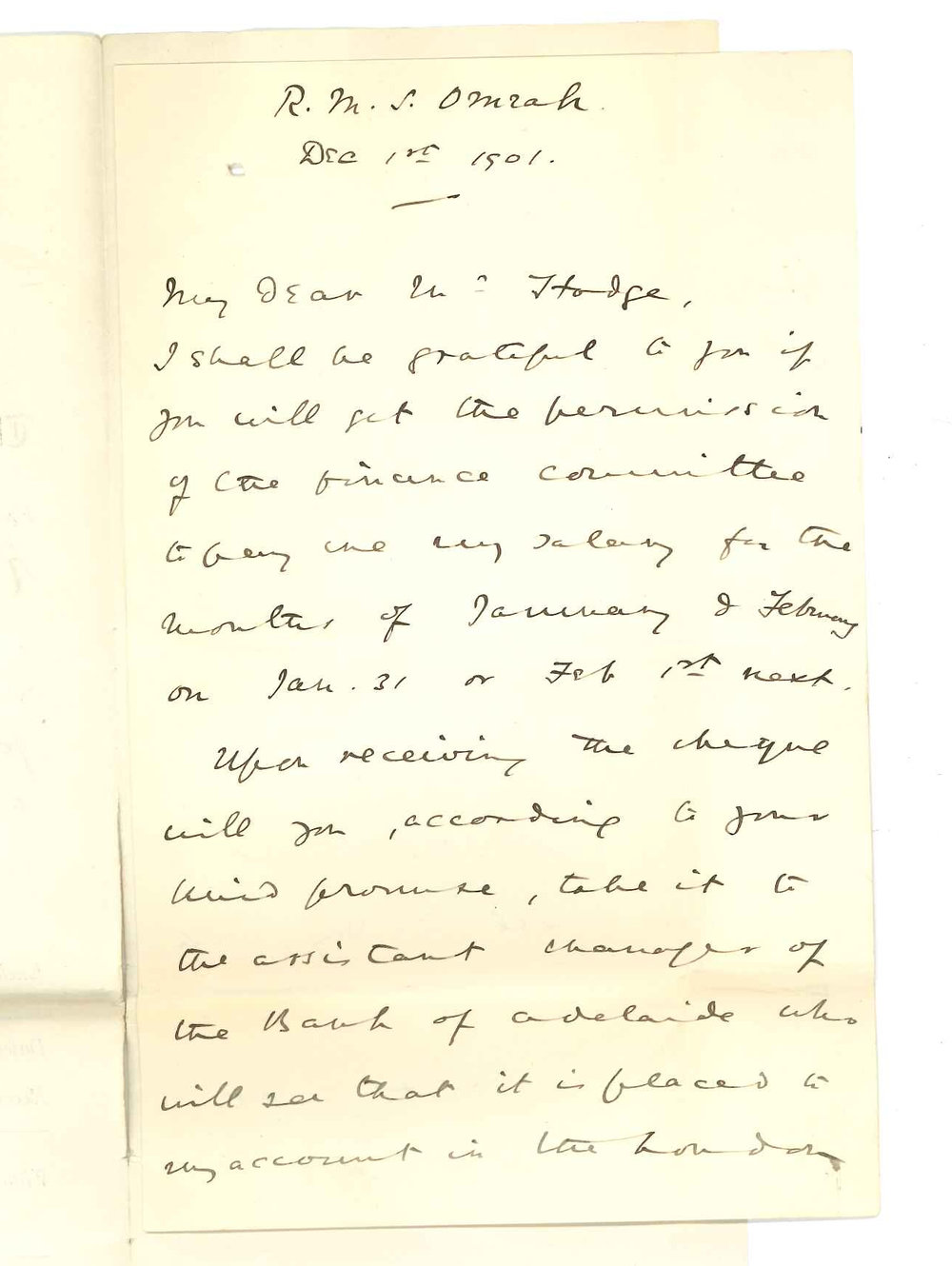 Professor Robert Langton Douglas - R M S Omrah - Asking if salary for January and February be paid into Bank of Adelaide on 1 February 1902