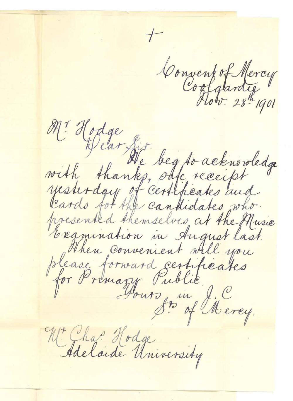 Convent of Mercy - Coolgardie WA - Acknowledging receipt of Certificates and Cards of Marks and requesting Primary Public Certificates