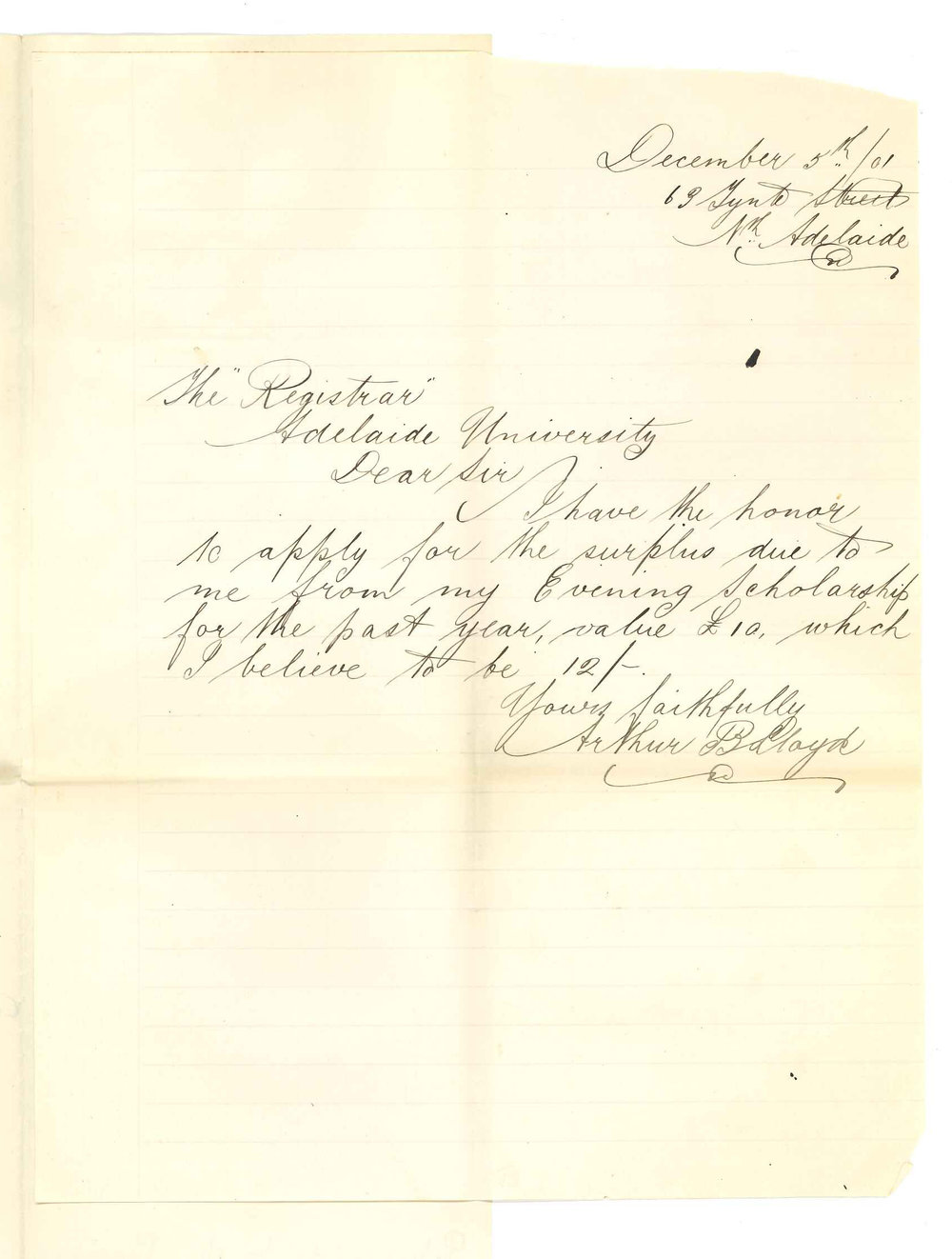 Arthur B Lloyd - North Adelaide - Requesting surplus of Evening Scholarship