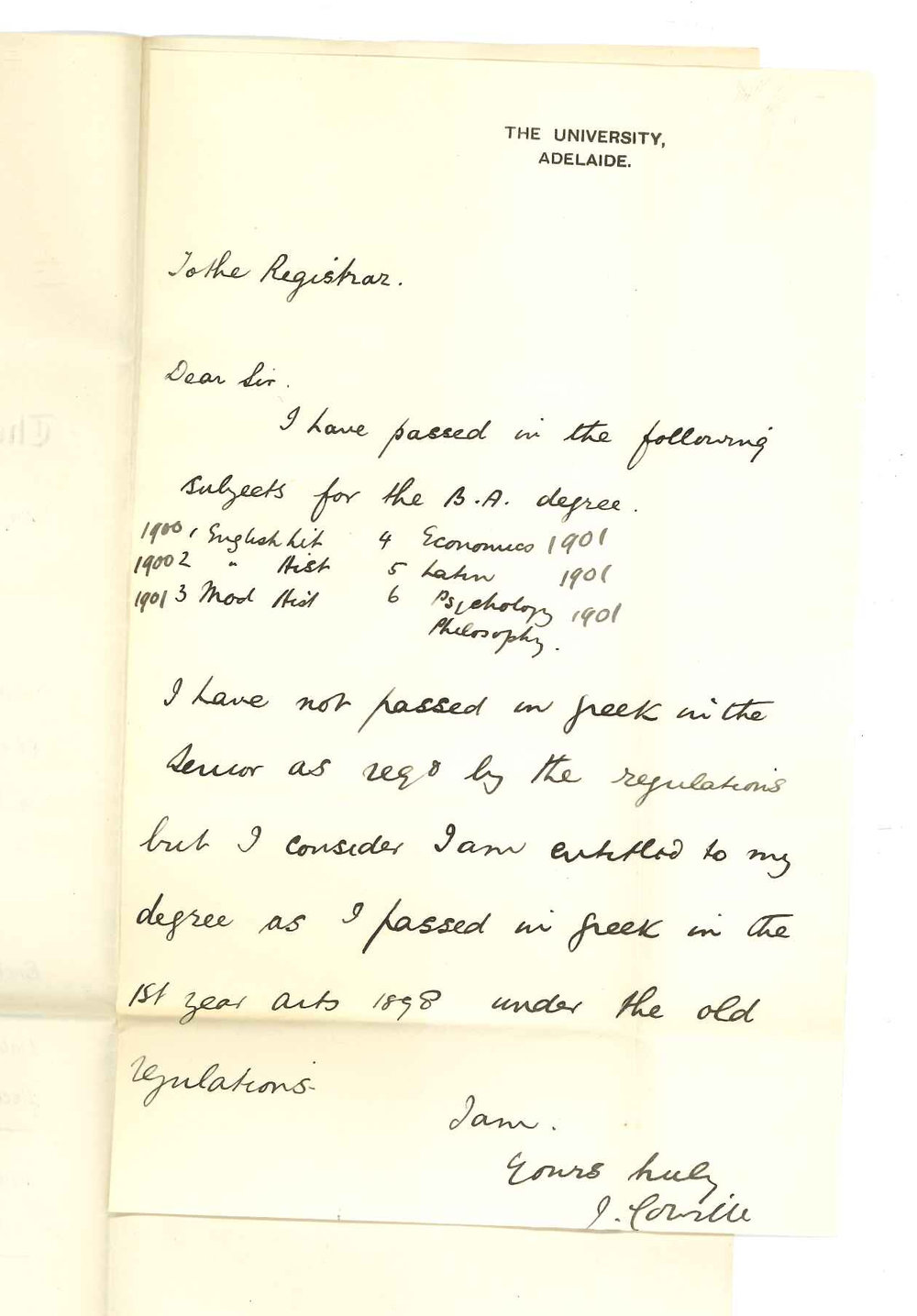 John Colville - Adelaide - Asking to be admitted to the BA Degree without taking Senior Greek