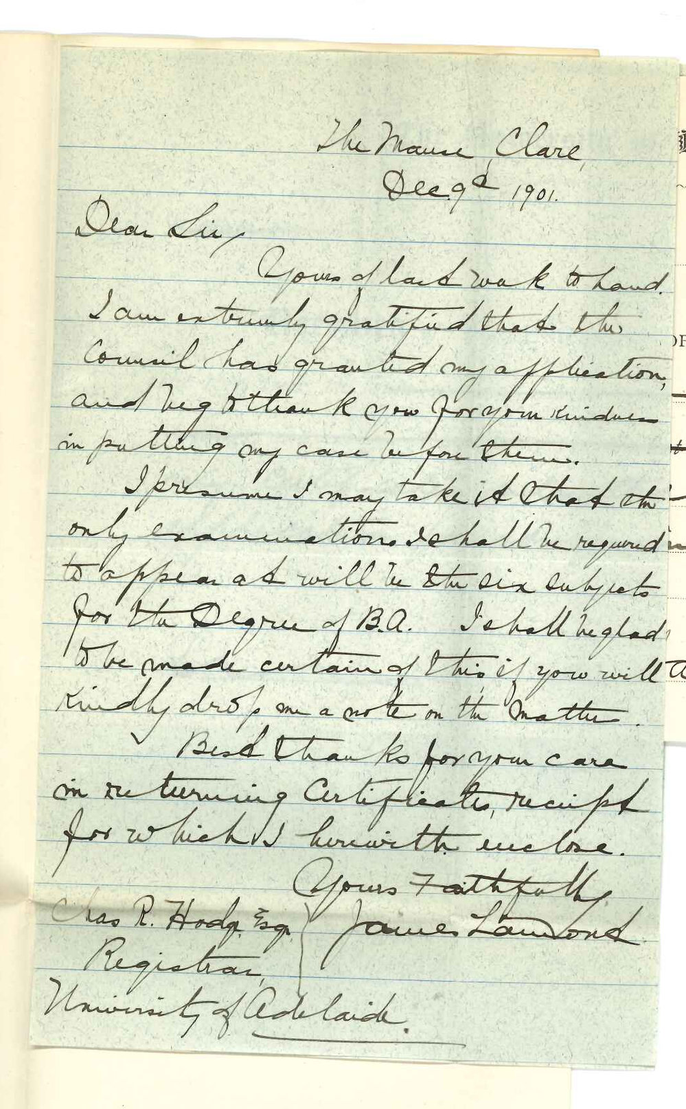 Reverend James Lamont - Clare - Thanking Council for admission ad eundem statum and concerning subject for BA Degree