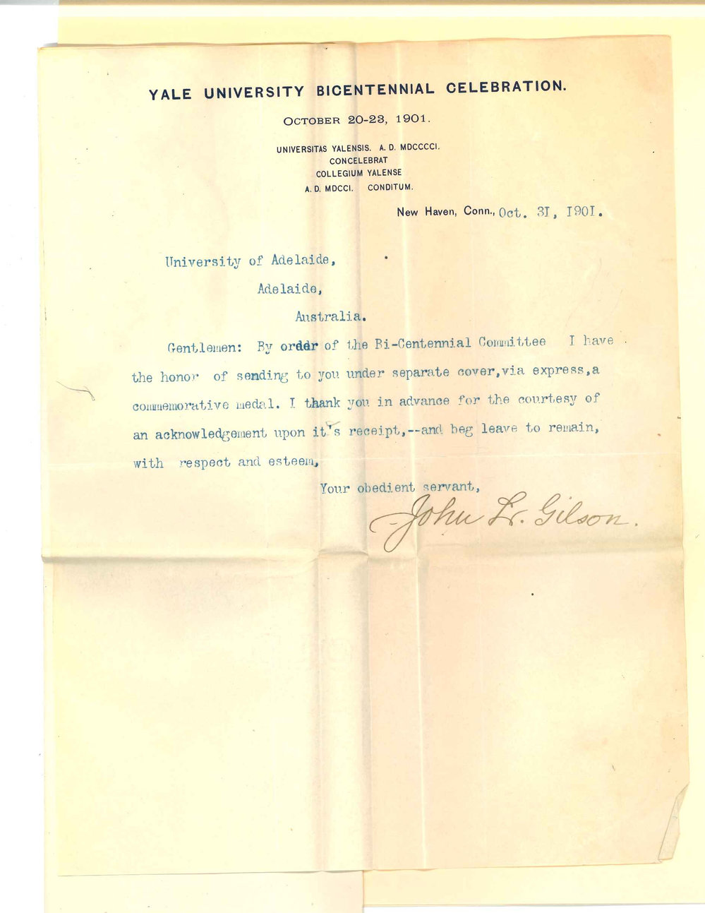 John L Gilson - Yale University - Forwarding a Commemorative Medal