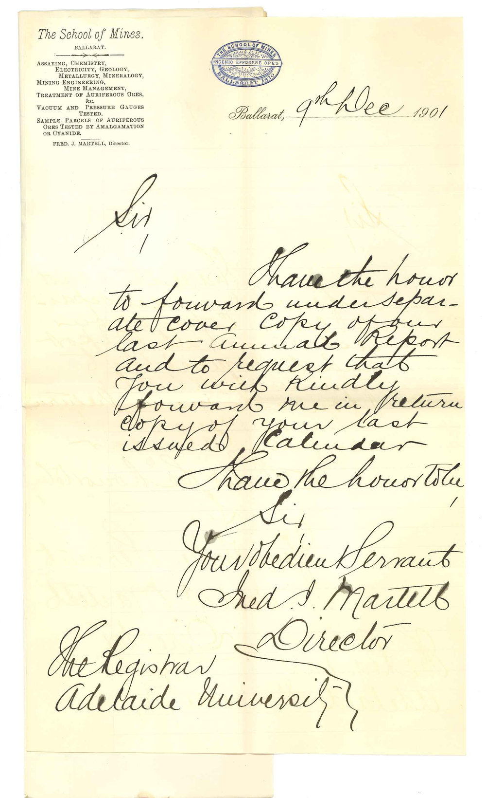 Fred J Martell - School of Mines - Ballarat - Forwarding copy of Annual Report and requesting copy of Calendar