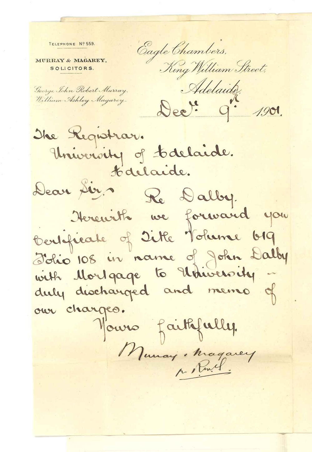 Murray and Magarey - Solicitors - Adelaide - Forwarding J Dalbys Certificate of Title