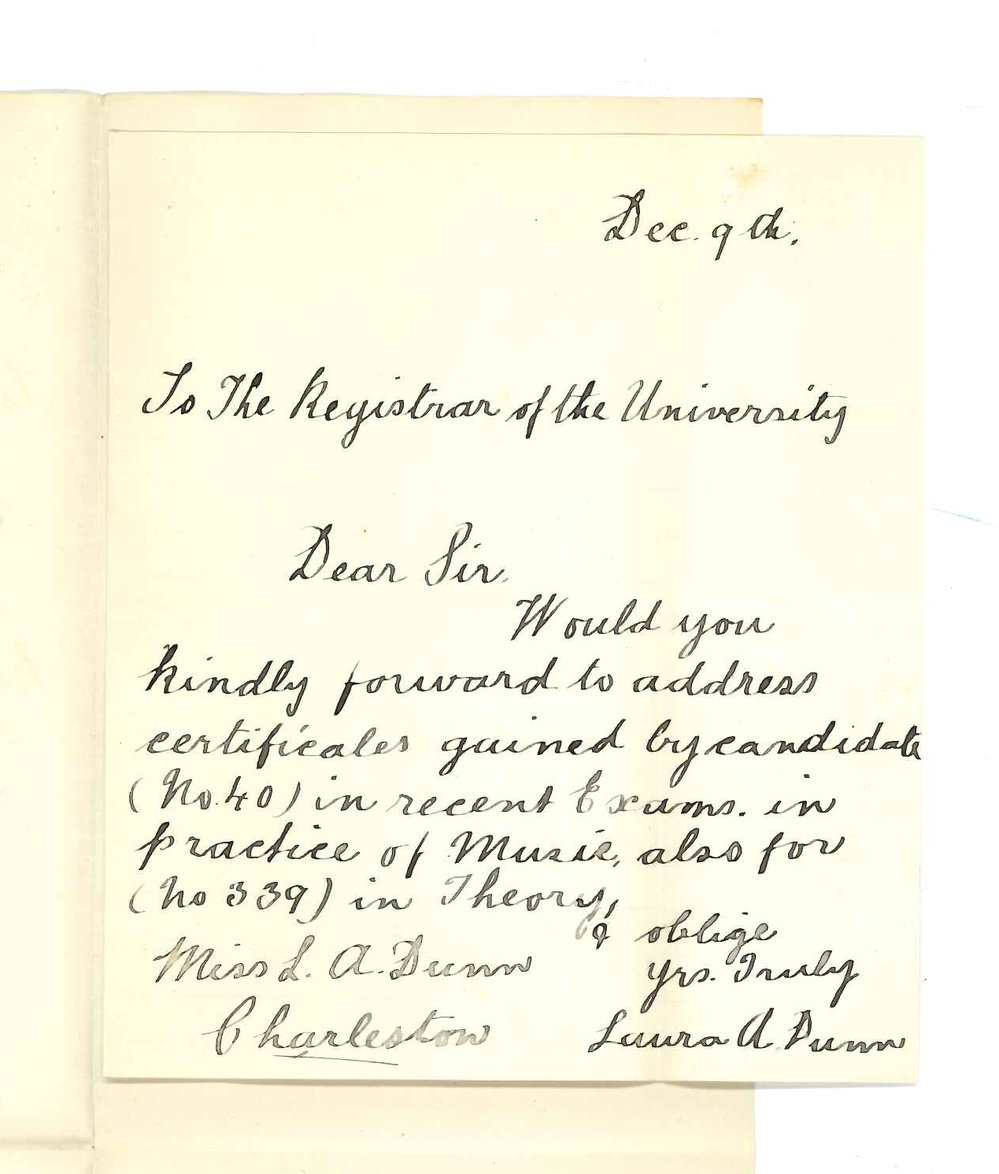 Miss Laura A Dunn - Charleston - Requesting Certificates for Music Examinations