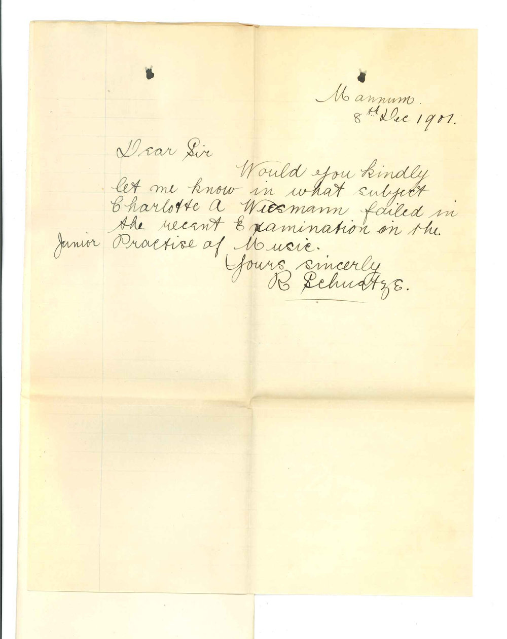 Miss Renie Schuetze - Mannum - Requesting particulars of Miss Charlotte Wiesmann in Junior Practice of Music