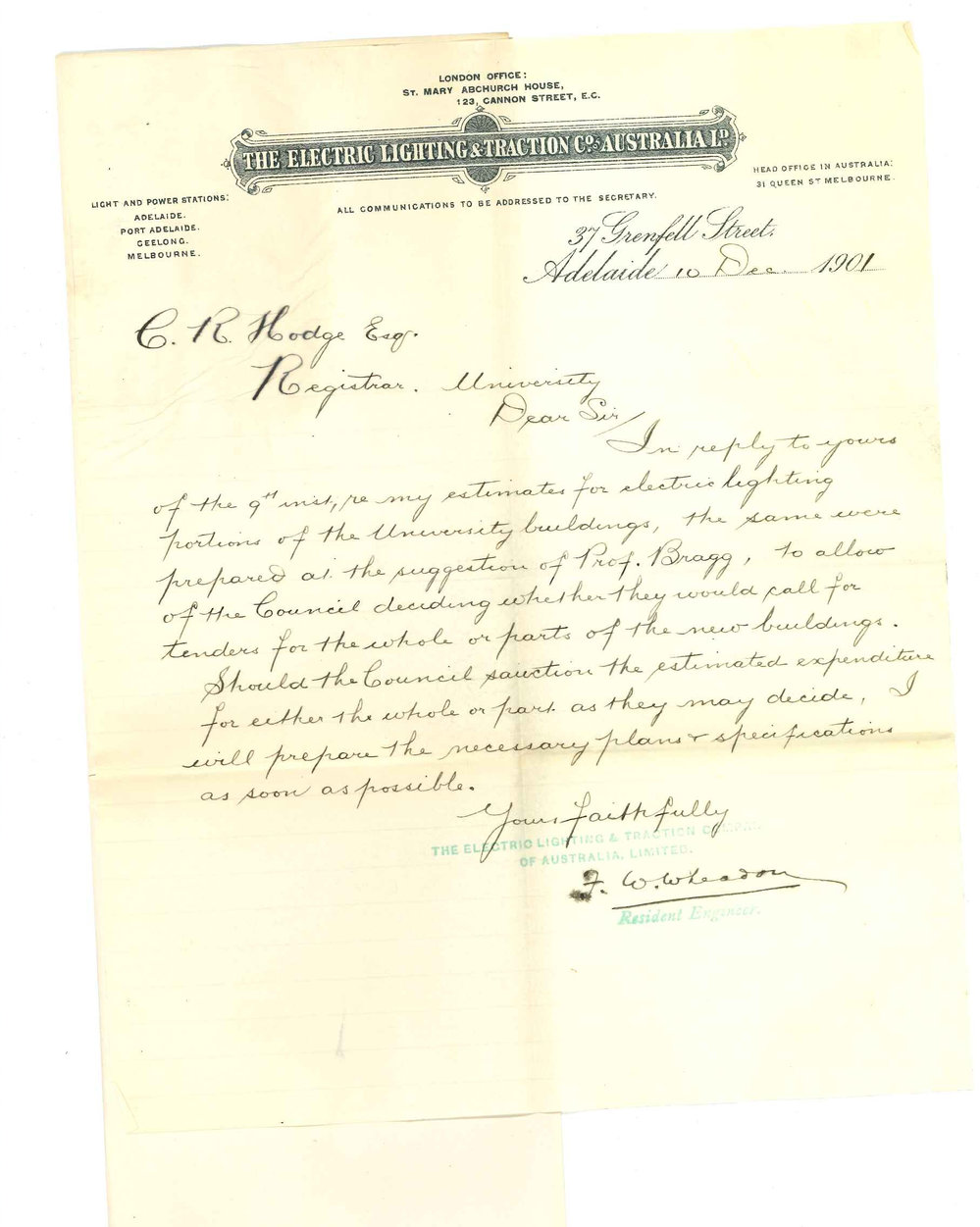 F W H Wheadon - Adelaide - Concerning plans and specifications for installation of electric light