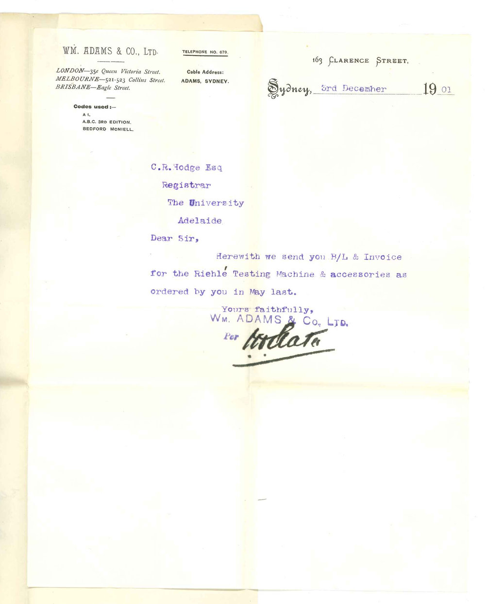 William Adams and Company - Sydney - Forwarding Bill of Lading and Invoice for testing machine
