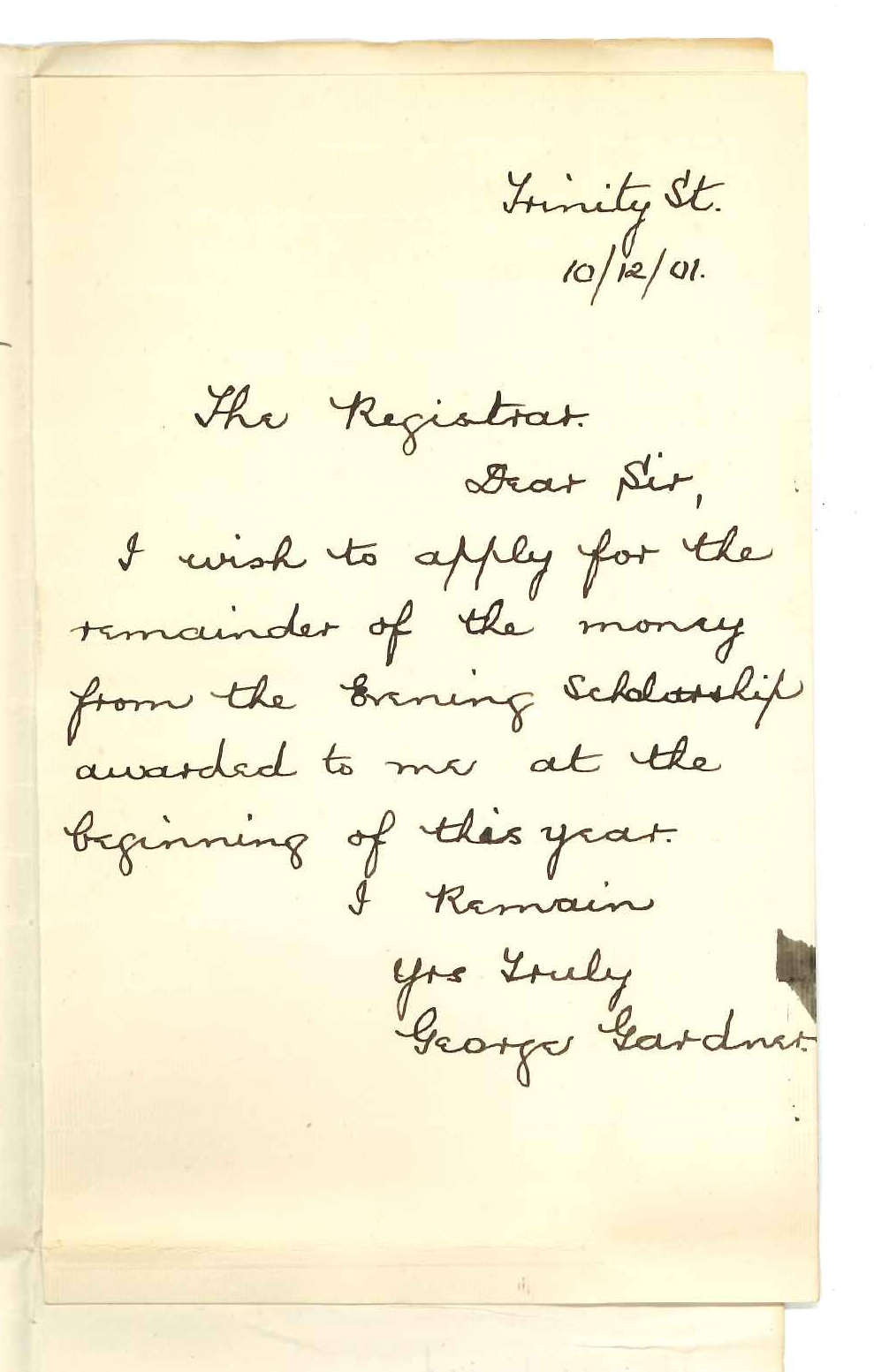 George Gardner - East Adelaide - Requesting surplus of Evening Scholarship