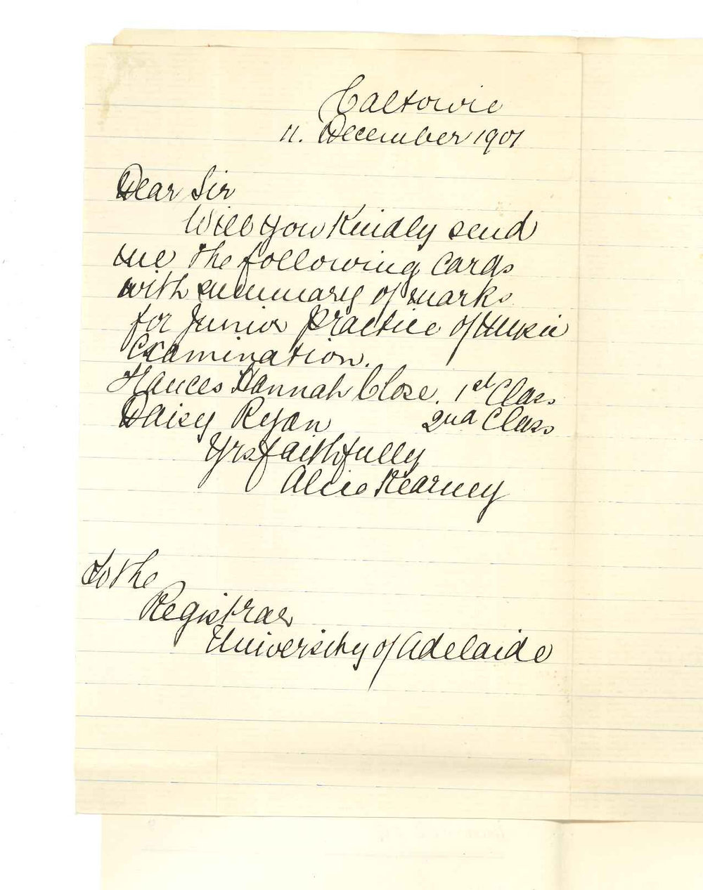 Miss Alice Kearney - Caltowie - Requesting Cards of Marks for Music Examinations
