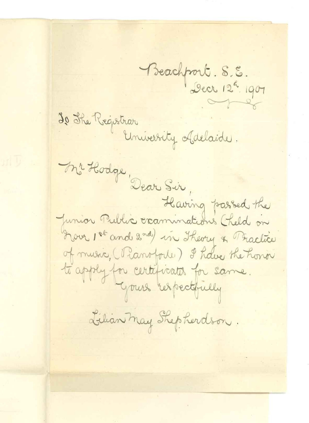 Miss Lilian May Shepherdson - Beachport - Requesting Junior Music Certificates