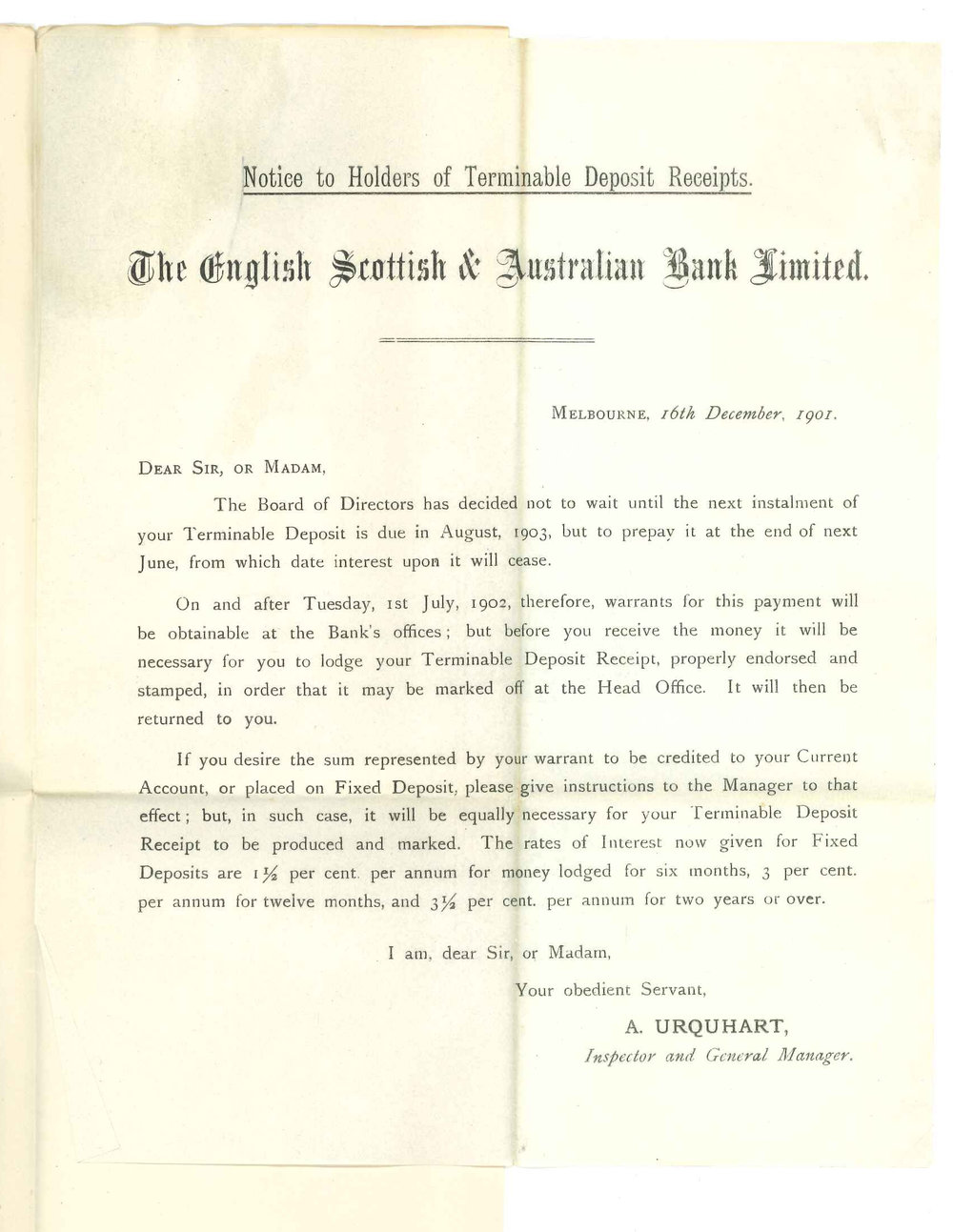 A Urquhart - Manager E&amp;SA Bank Melbourne - Notice of intention to pay Terminable Deposit