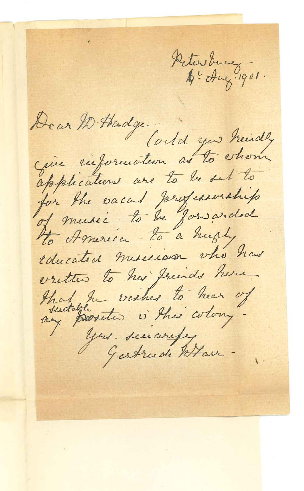 Miss Gertrude M Farr - Petersburg - Information as to Professorship of Music