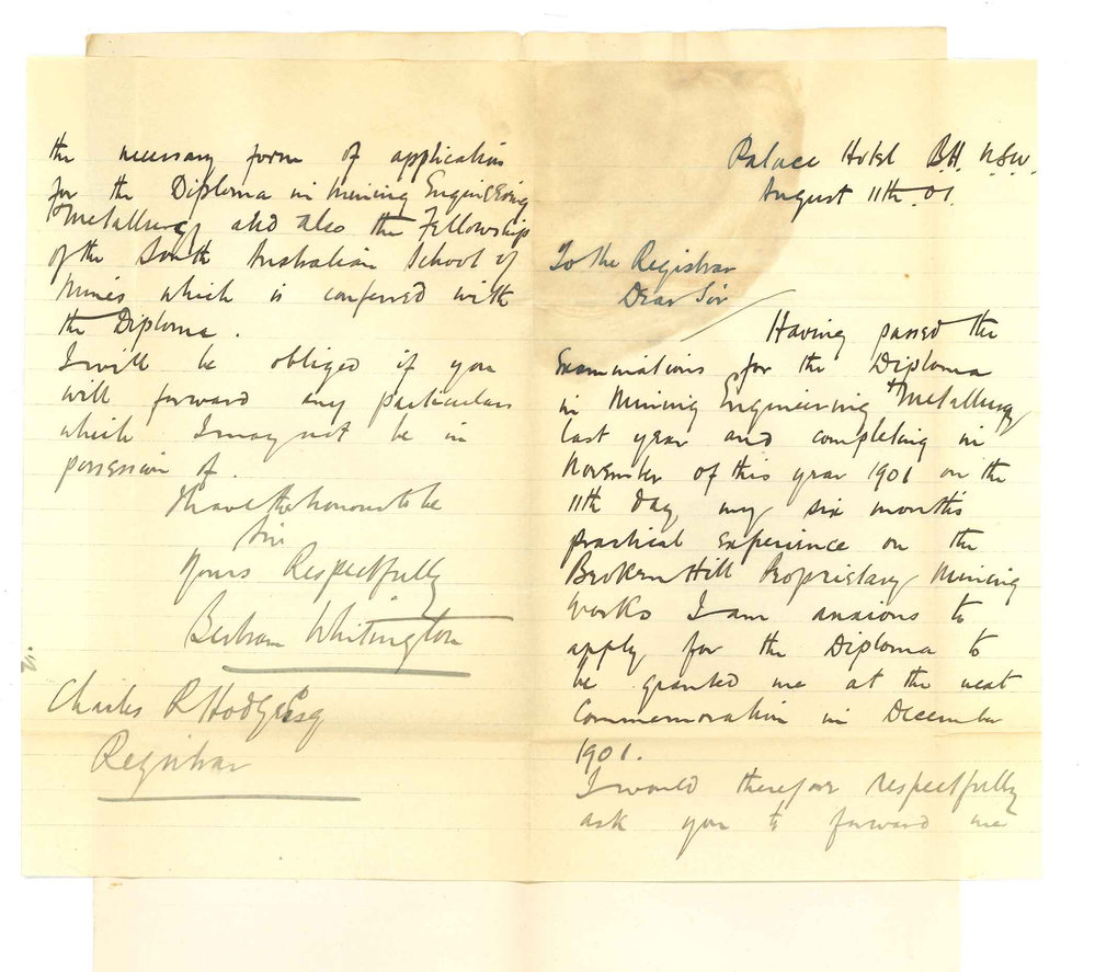 Bertram Whitington - Broken Hill - Asking for his Mining Diploma to be granted at the next Commemoration