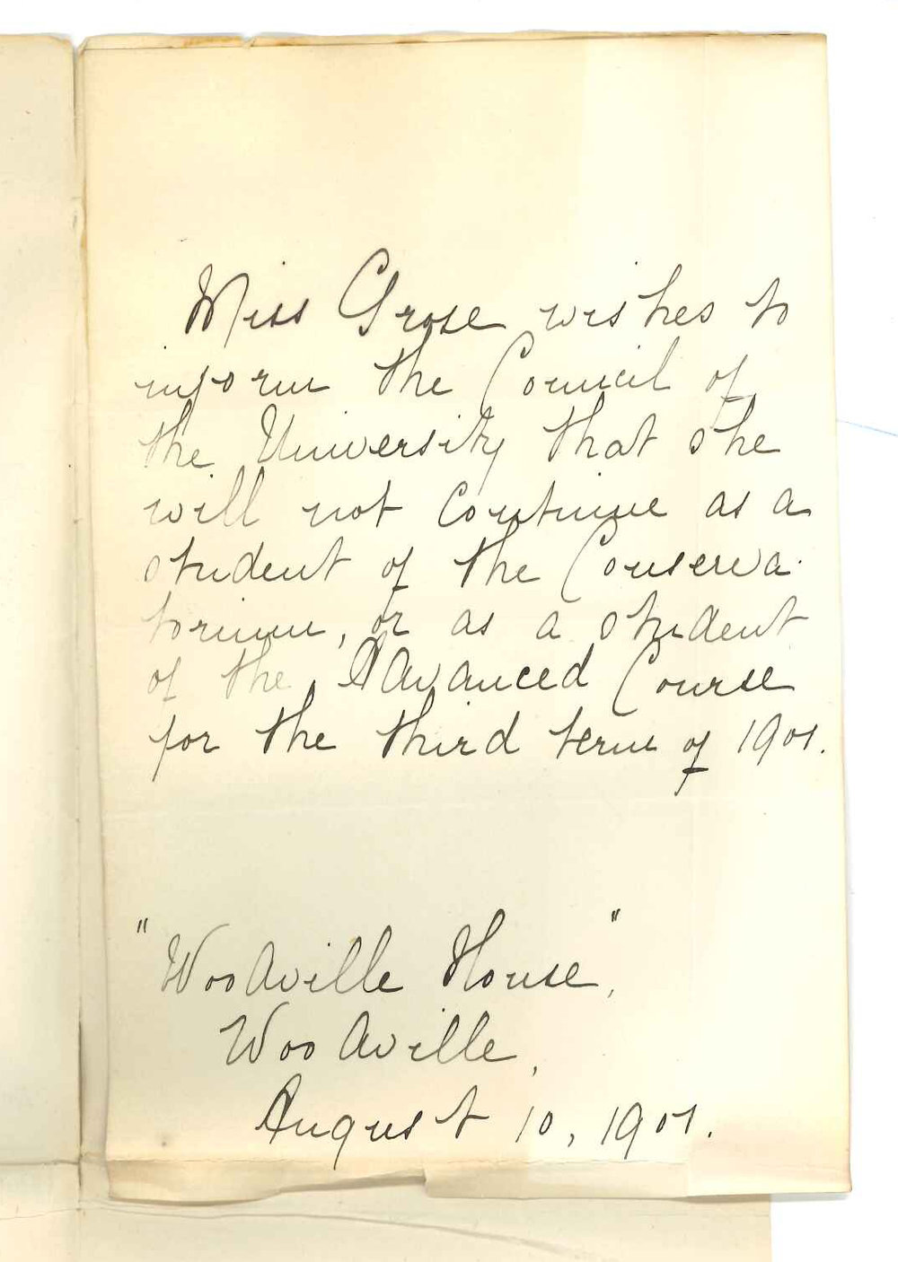 Miss Grose - Woodville - Discontinuing lesson at Conservatorium