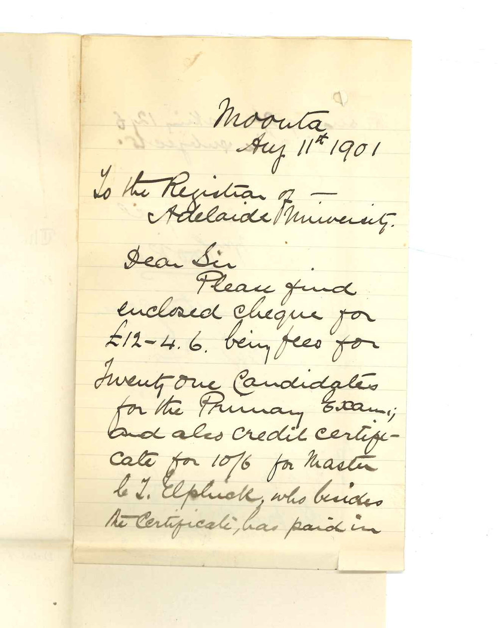 Reverend William Cooke - Moonta - Forwarding entries for Primary Public Examinations