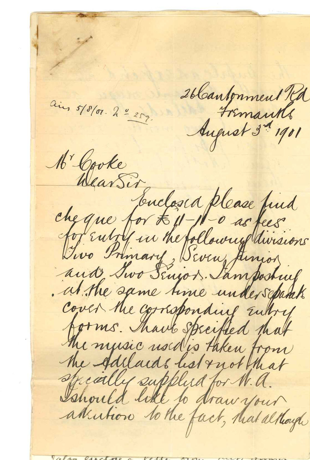 Henry Maurice Joscelyne - Perth - Forwarding entries for Primary Public and Music Examinations