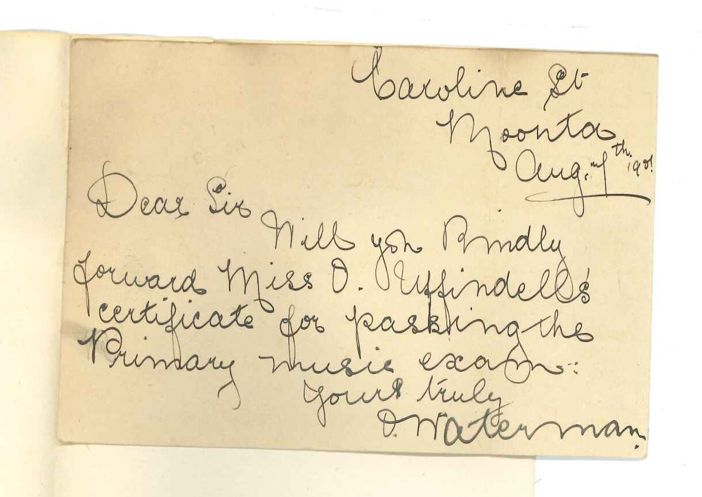 Miss O Waterman - Moonta - Requesting Primary Music Examination certificate
