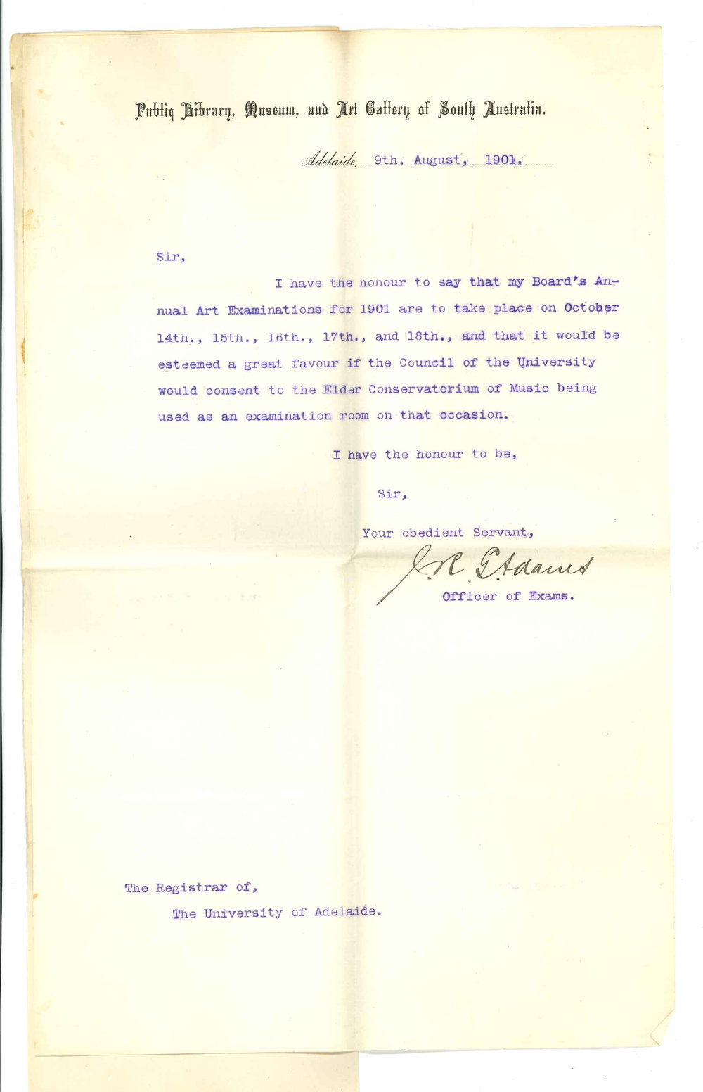 J R G Adams - Public Library Museum and Art gallery of South Australia - Adelaide - Permission to use Elder Hall for Board&acirc;s Annual Art Examination