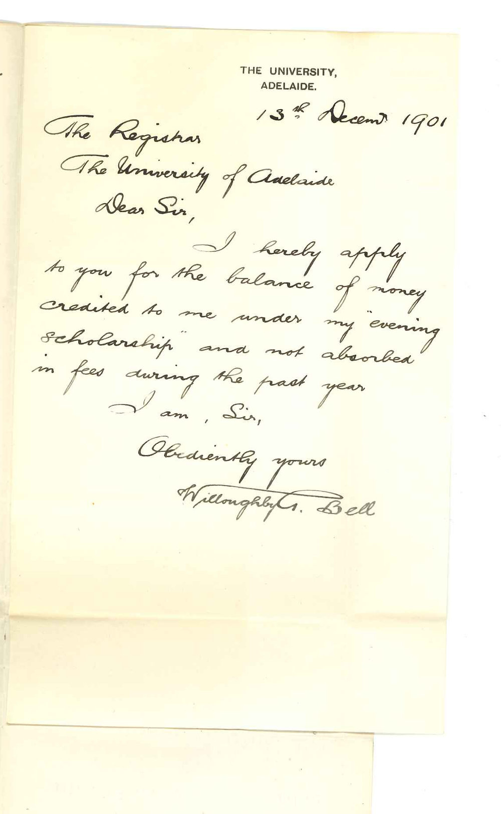 Willoughby George Bell - The University - Requesting surplus of Evening Scholarship
