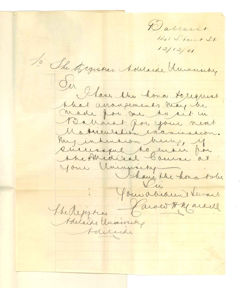 Harold H Martell - Ballarat - Asking that a Matriculation Examination for Medical Course be held at Ballarat