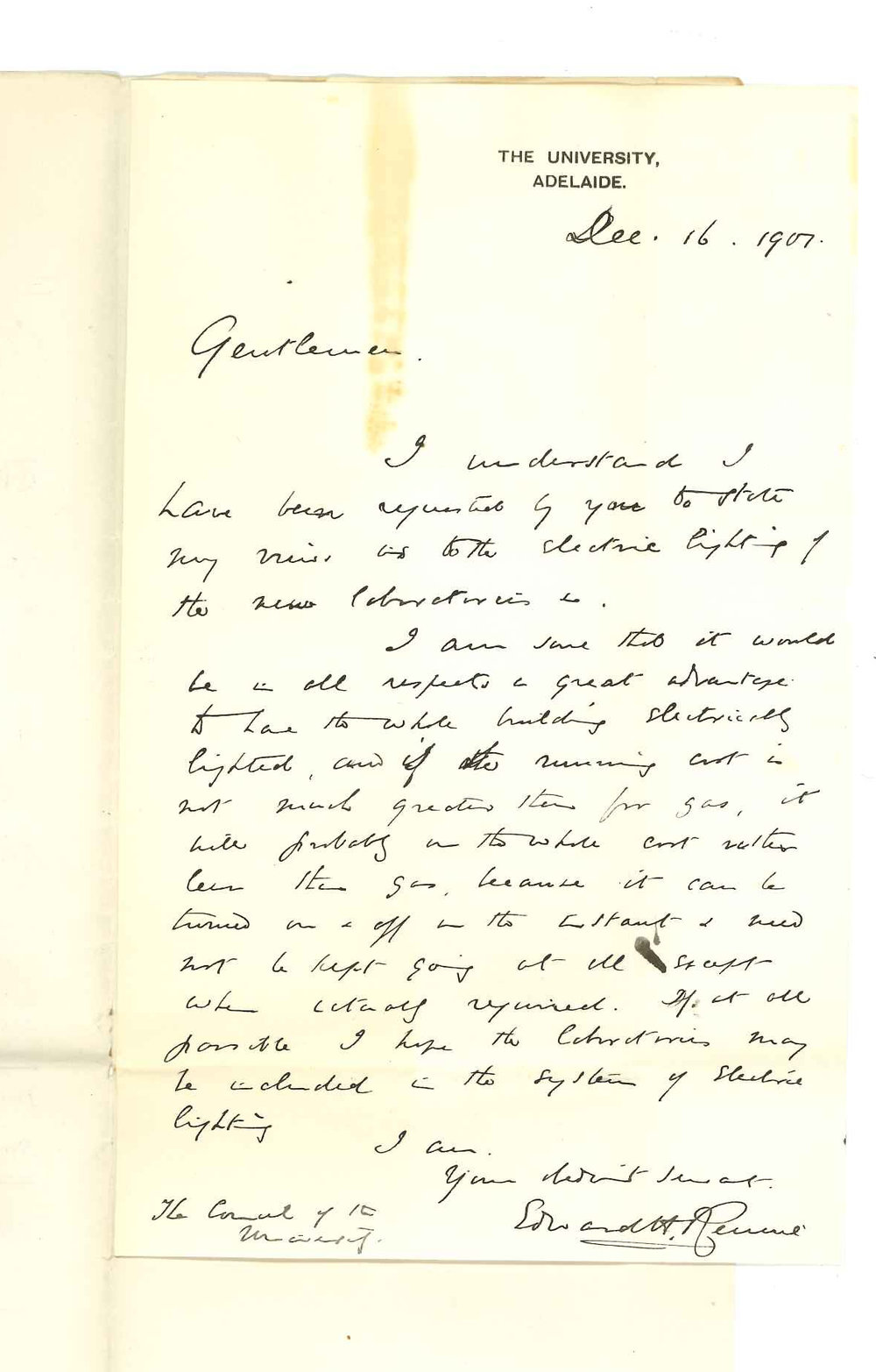 Professor Edward Henry Rennie - The University - Concerning the Electric Lighting in the New Laboratory