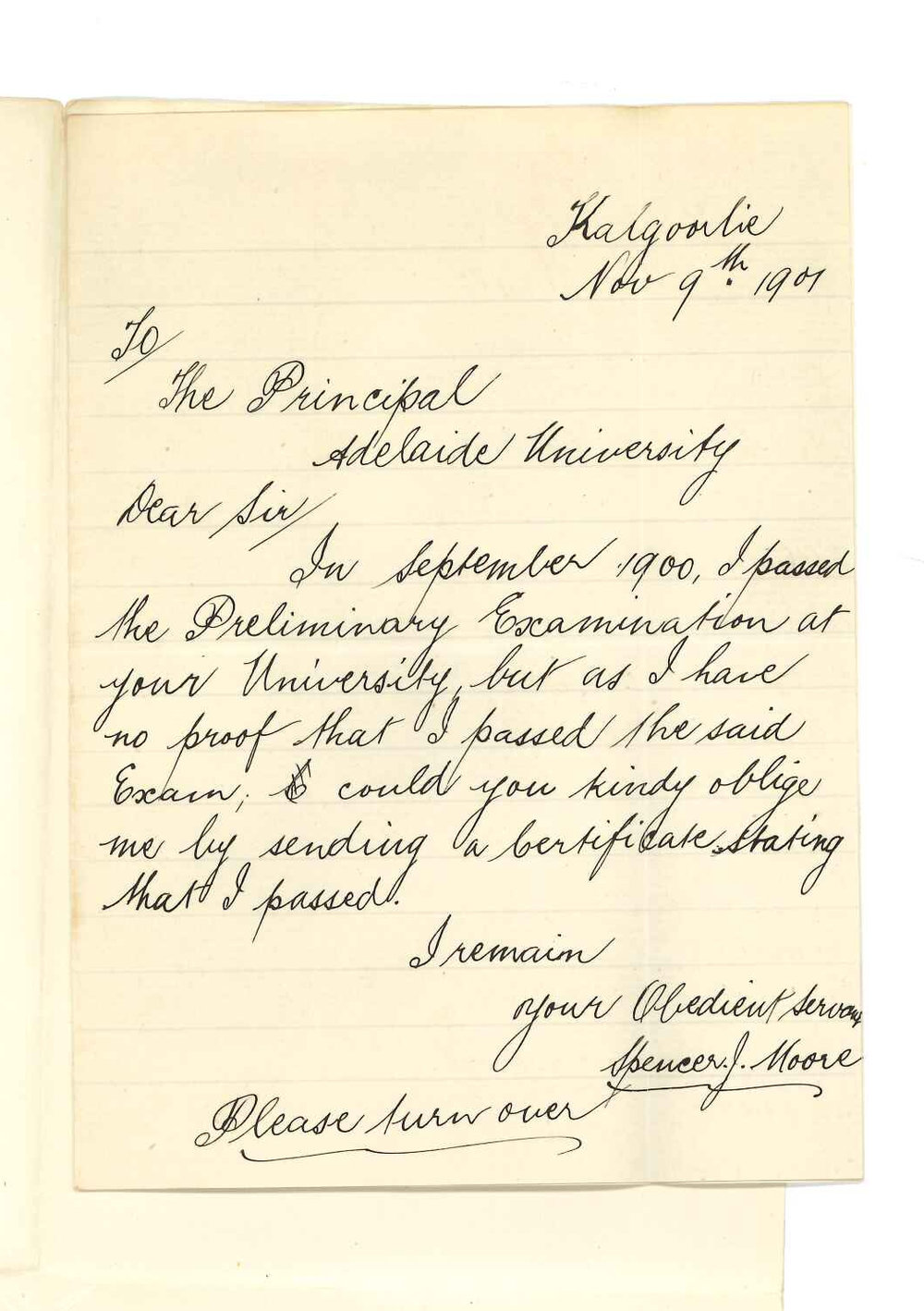 Spencer J Moore - Kalgoorlie WA - Asking for a Certificate for passing Preliminary September 1900