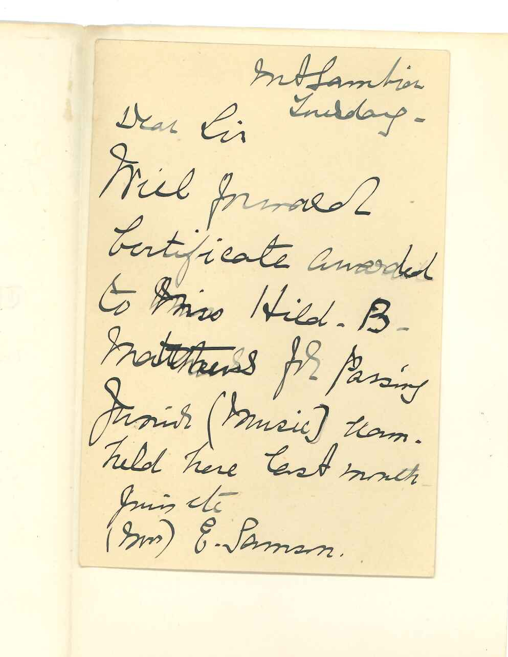 Mrs E Samson - Mount Gambier - Requesting Music Certificates