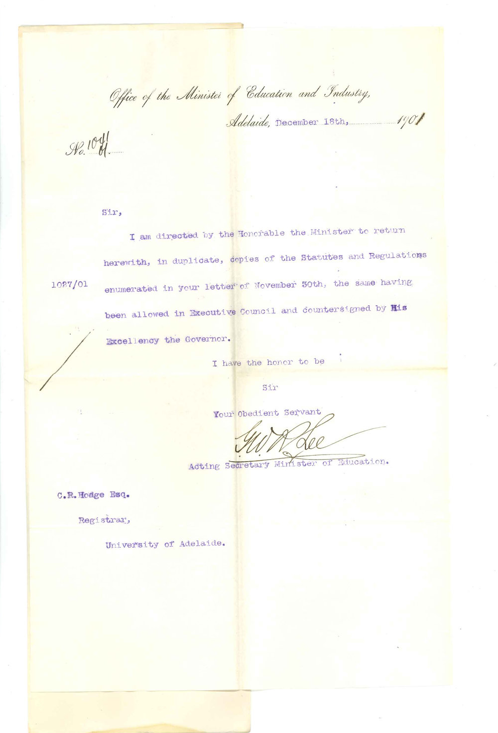 Minister of Education - Adelaide - Forwarding copies of Regulations counter signed by His Excellency the Governor