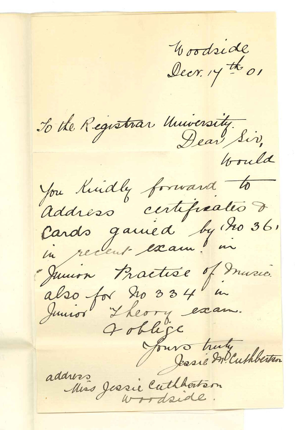 Miss Jessie M Cuthbertson - Woodside - Requesting Cards of Marks and Certificate