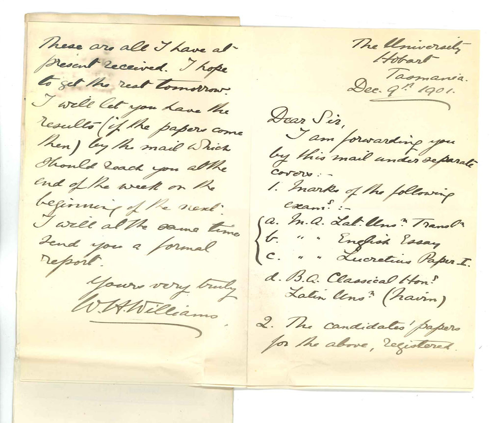 Professor W H Williams - Hobart - Forwarding MA results and Exam papers