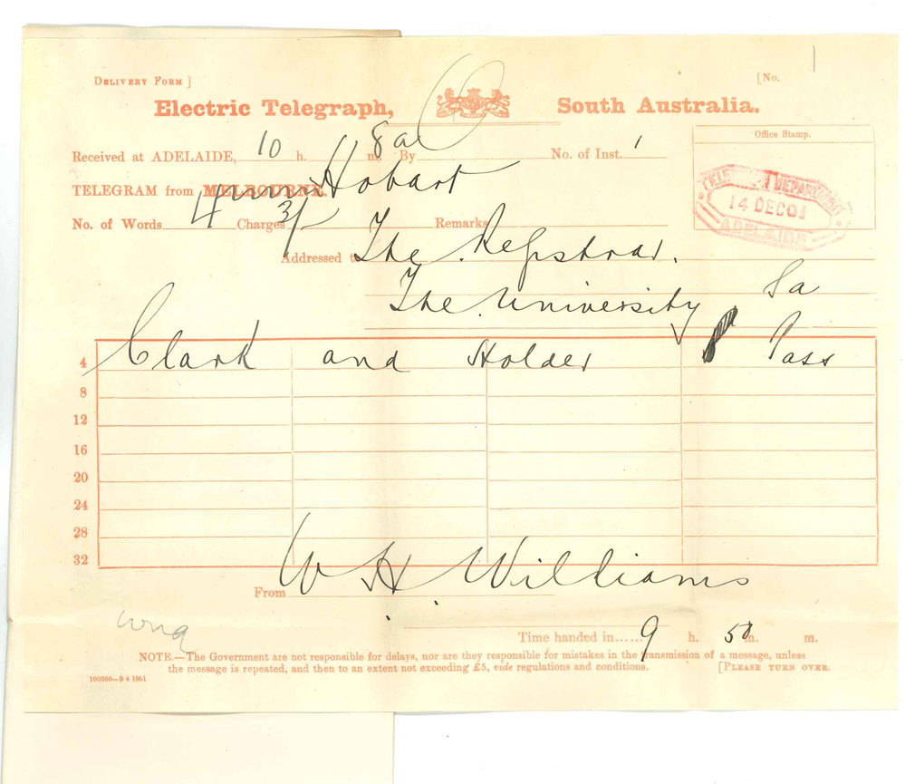 Professor W H Williams - Hobart - Forwarding results of MA Examination