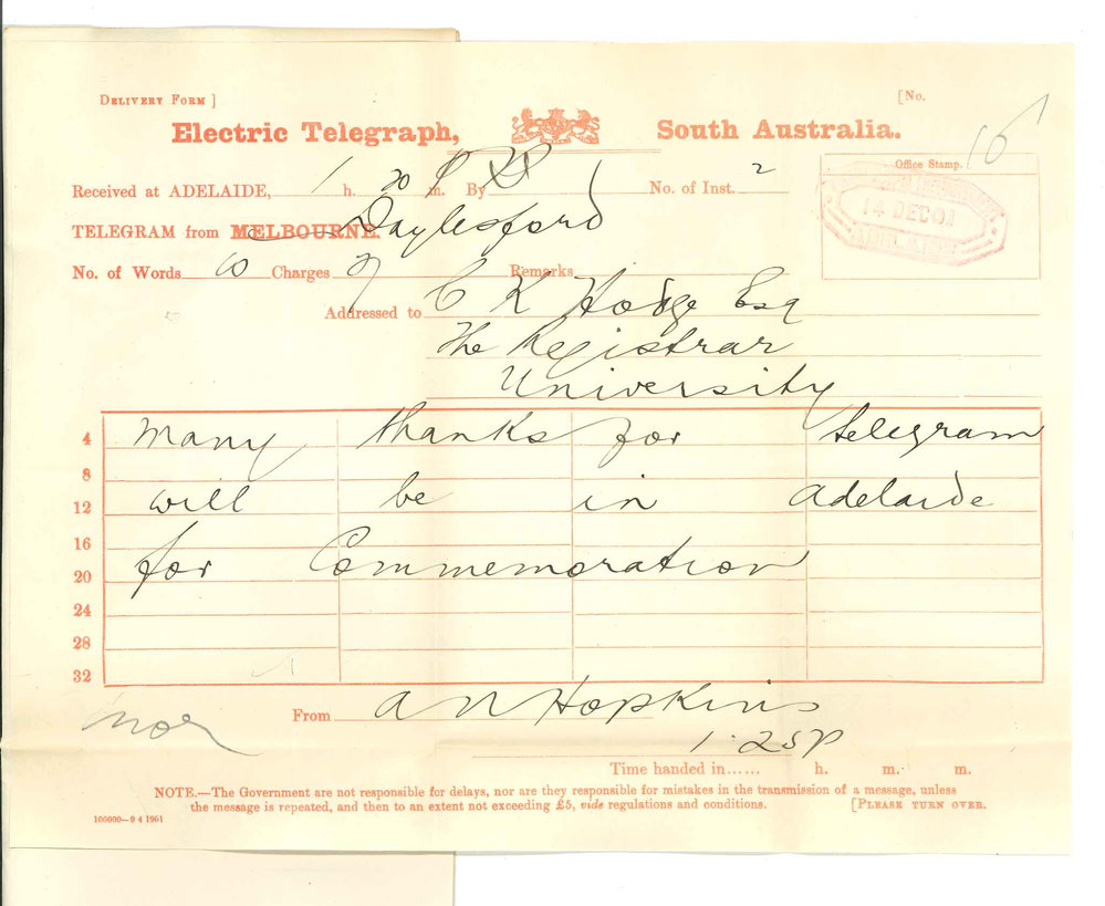A N Hopkins - Daylesford Victoria - Thanking Registrar for giving him date of Commemoration