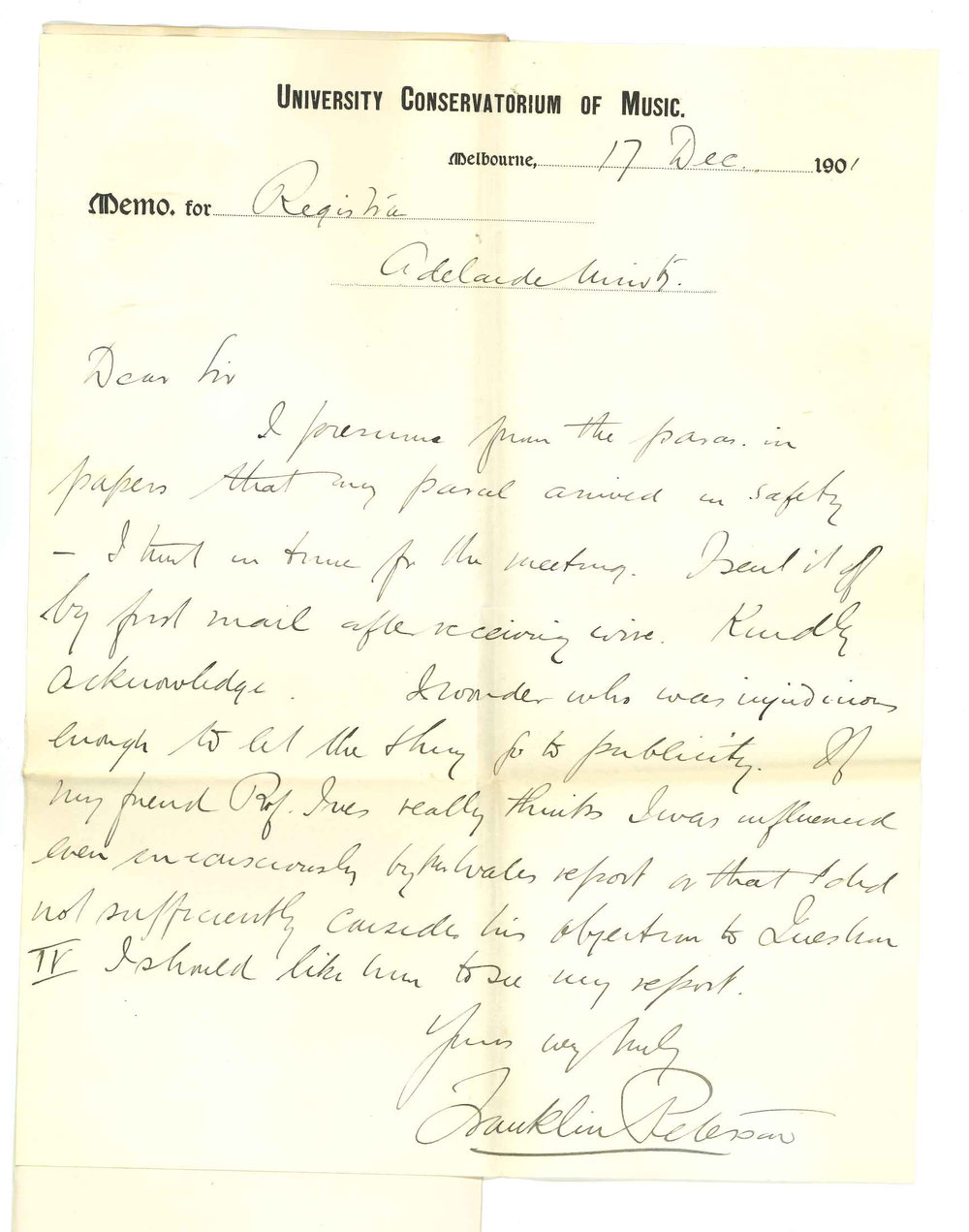 Professor Franklin Peterson - University Conservatorium of Music - Melbourne - Concerning his report on Music Bachelor third year papers