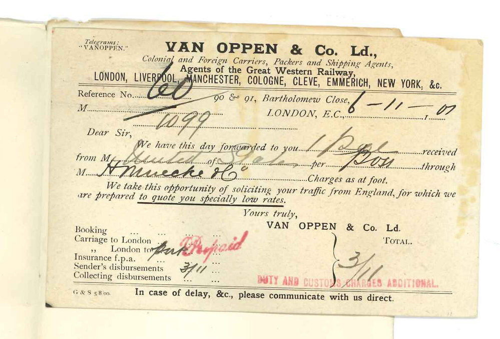 Van Oppen - London - Forwarding account for carriage on a parcel from United States