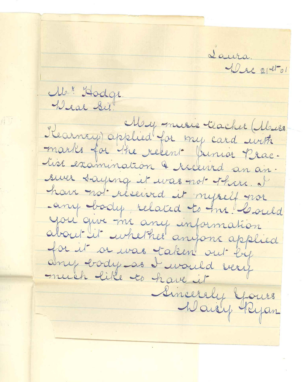 Miss Daisy Ryan - Laura - Card Marks for Music Examination