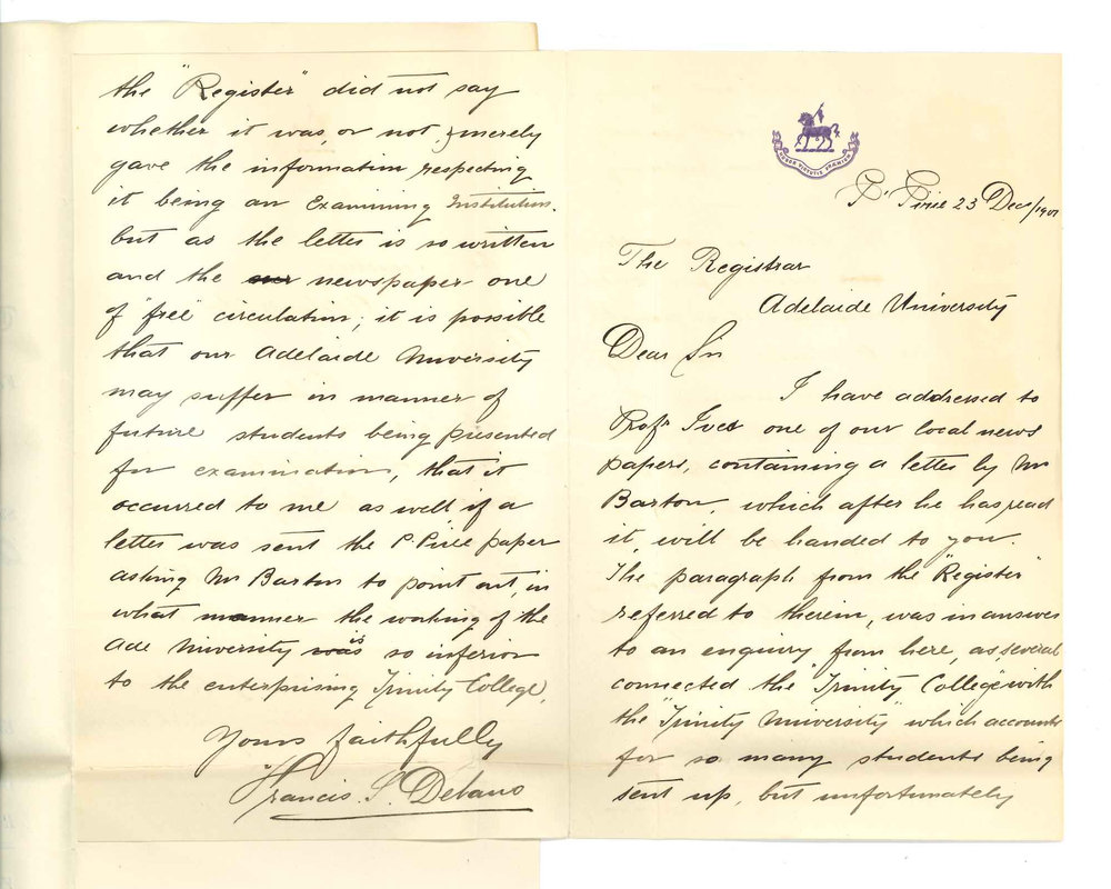 Francis S Delano - Port Pirie - Caulfield Barton Trinity College and University Exams
