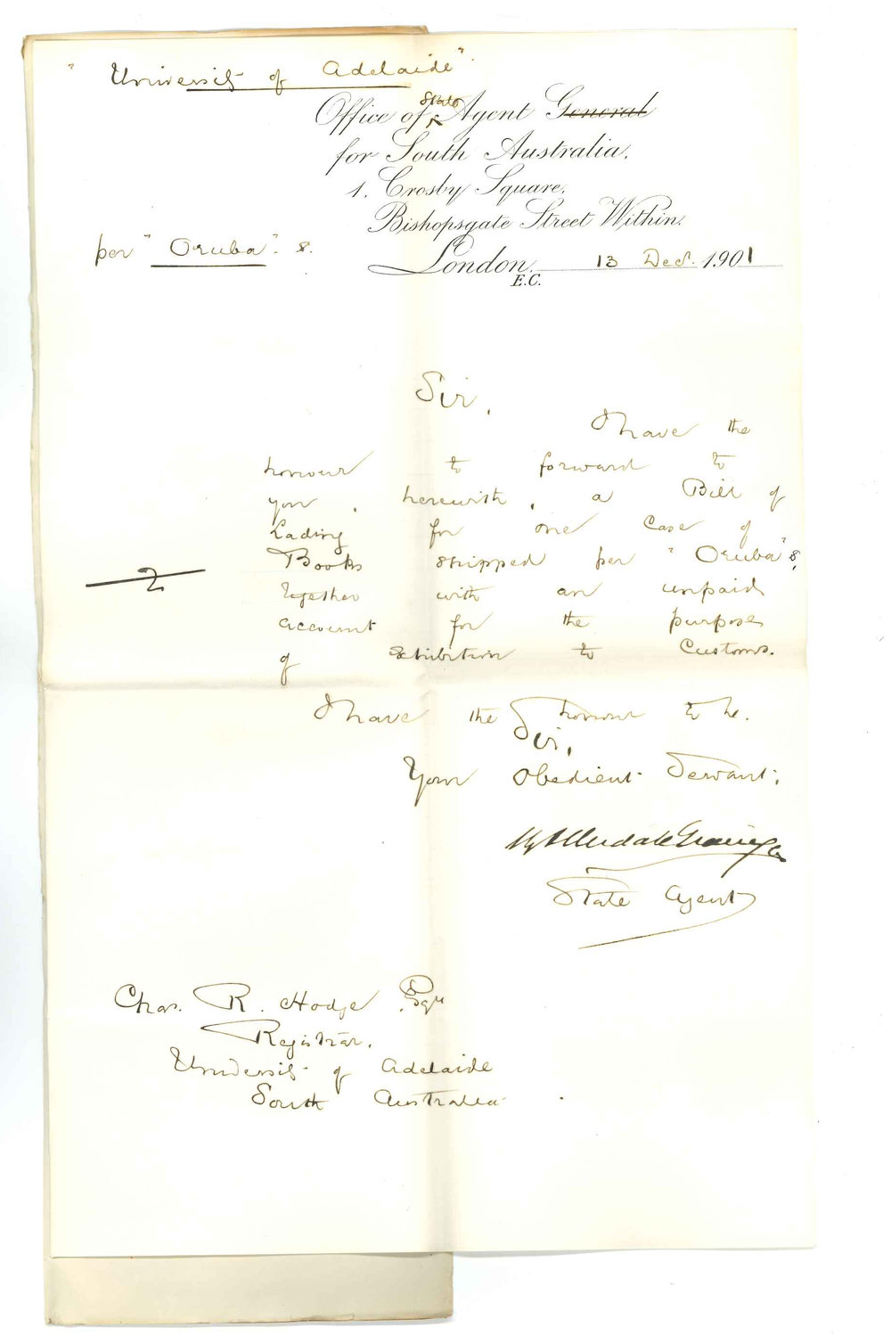 Henry Allerdale Grainger - The Agent General for SA - London - Forwarding Bill of Lading for case of books per Oruba and an unpaid Account