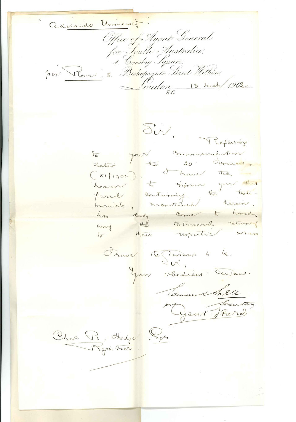Edmund Snell for Henry Allerdale Grainger - The Agent General for SA - London - Acknowledging receipt of Testimonials for Chair of Music Candidates