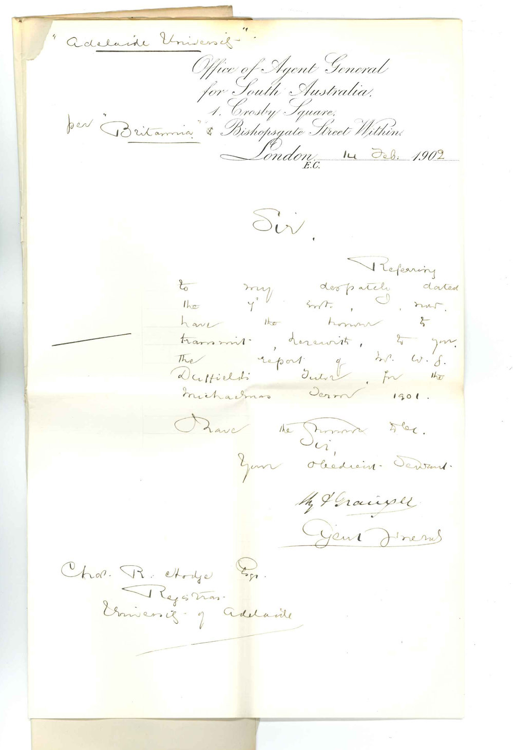 Henry Allerdale Grainger - The Agent General for SA - London - Forwarding Mr Duffields Tutor report for Michaelmas Term 1901