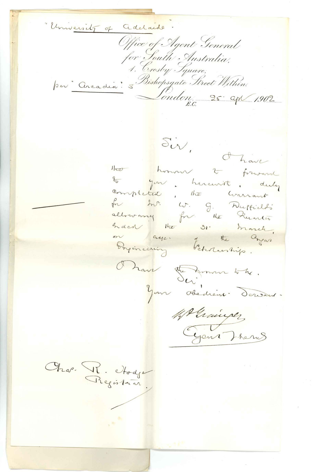 Henry Allerdale Grainger - The Agent General for SA - London - Forwarding receipt for W G Duffields Allowance for Angas Engineering Scholarship