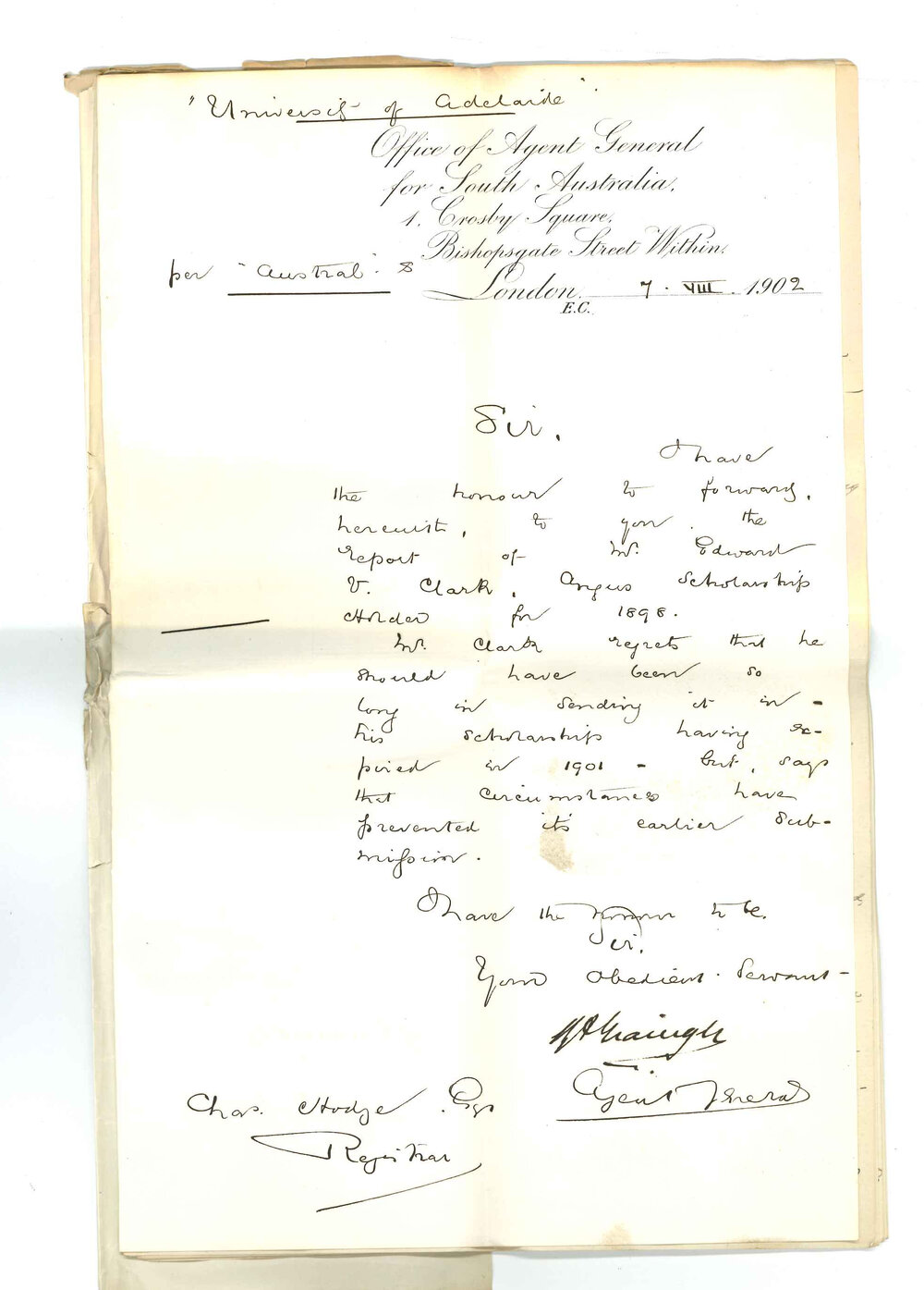 Henry Allerdale Grainger - The Agent General for SA - London - Forwarding report E V Clark Angas Scholar for 1898