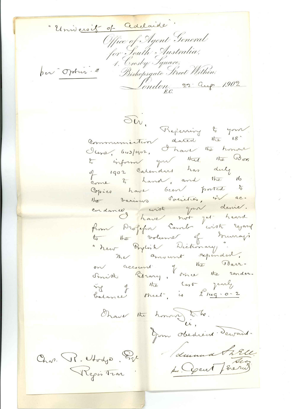 Edmund Snell for Henry Allerdale Grainger - The Agent General for SA - London - Calendars as requested No word from Professor Lamb