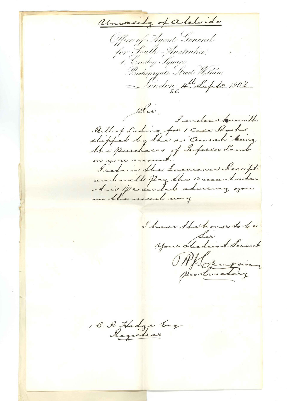 A J Champion for Henry Allerdale Grainger - The Agent General for SA - London - Case of books by S S Omrah